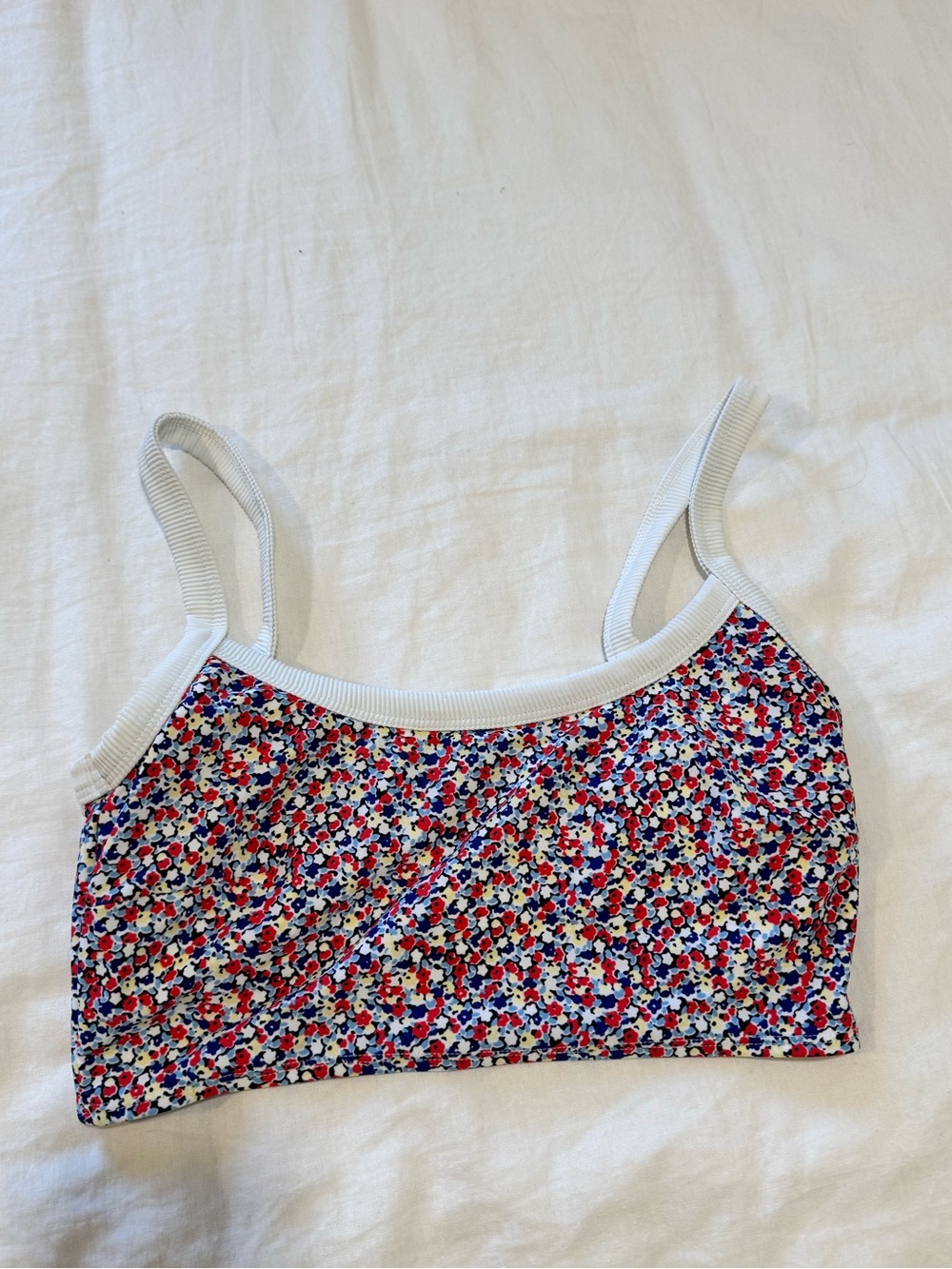 aerie White Ribbed-Trim Scoop Crop Swinsuit top with Floral pattern